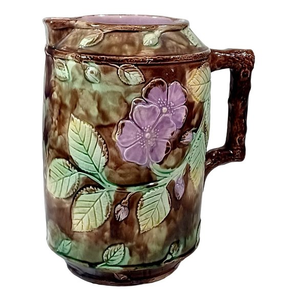 Antique French 19th Cent French Barbotine Majolica Pottery Water Pitcher Vintage - Picture 3 of 13